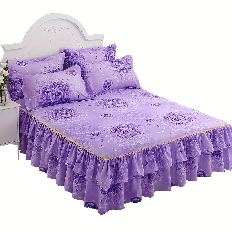 Set of 3 Tropical Floral Bed Skirt Pieces - Includes 1 Lace Non-Slip Bed Skirt and 2 Pillowcases, Polyester Bedding with Ruffled Edges for All Seasons, Machine Washable - Elegant Purple for Bedroom and Guest Room Decor, Bedding Set, Core Not Included