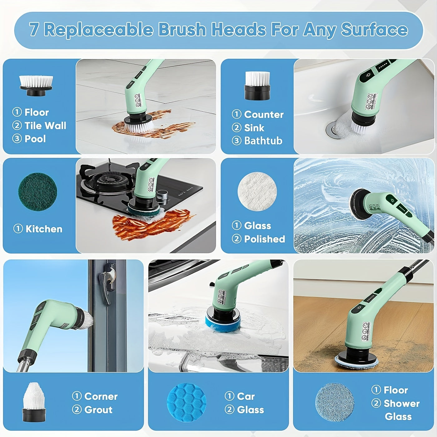 The Electric Spin Scrubber is a cordless cleaning brush that features dual-speed settings, an adjustable and detachable handle, and comes with 7 replacement heads. It is powered by a USB rechargeable 2000mAh lithium battery, making it perfect for