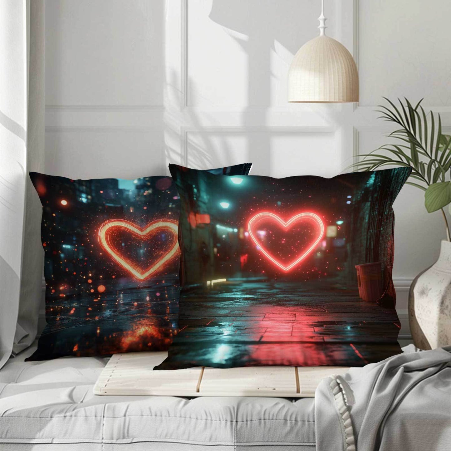 4 Urban Night Scene Heart Cushion Covers in Contemporary Fantasy Style made of Polyester with Zipper Closure. Easy to Machine Wash, providing All-Season Comfort for versatile sleeping positions. Suitable for use in Office, Bedroom, Balcony, Car, Sofa, or