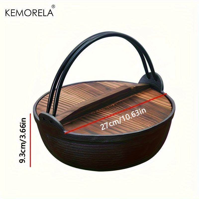 KEMORELA Cast Iron Stockpot with Wooden Lid - Pre-Seasoned Non-Stick Sukiyaki Pot - Ideal for Outdoor Camping - Multi-Purpose Cast Iron Cookware for Stews and Frying