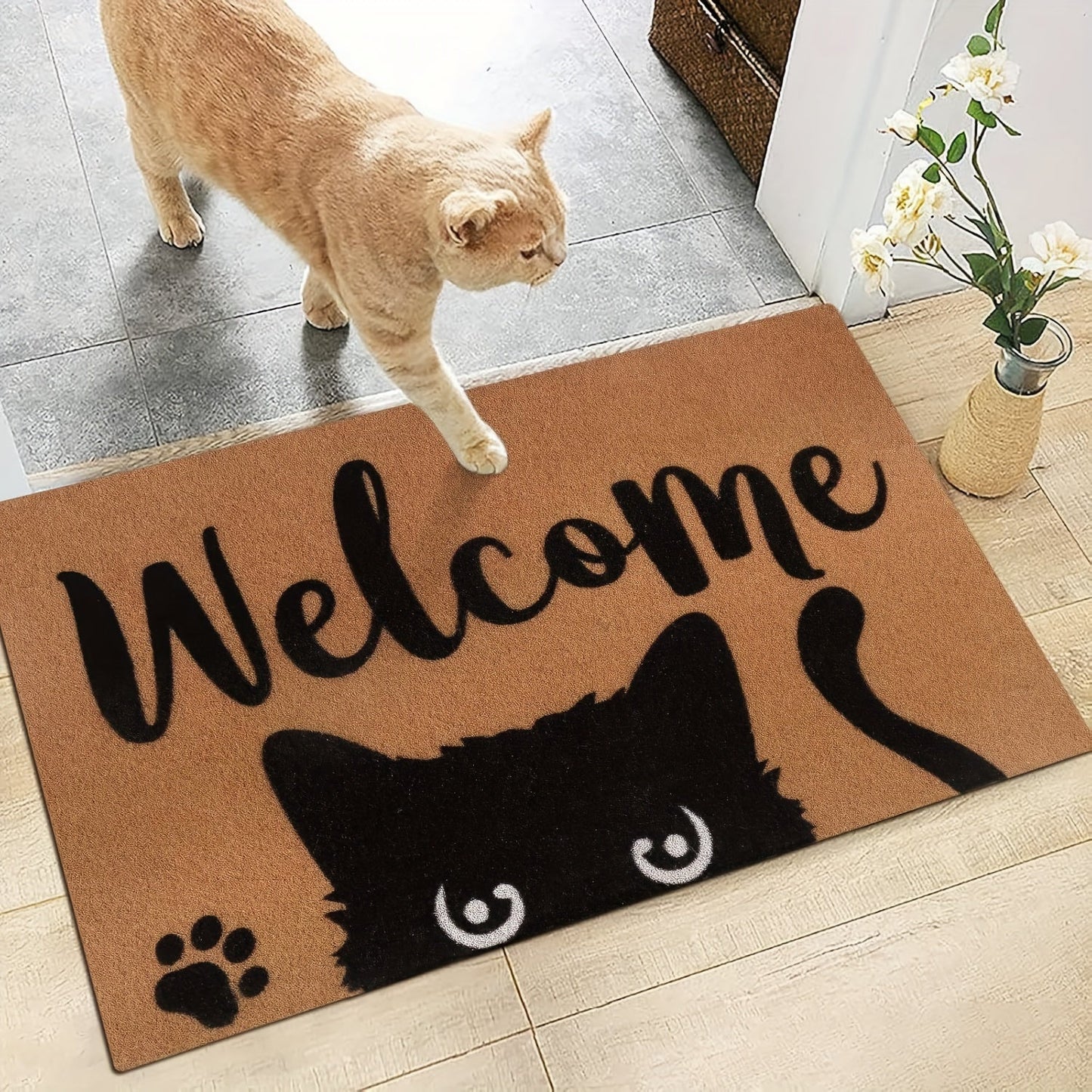 Introducing our Cat Welcome Doormat, featuring a non-slip backing for safety. Made from machine washable polyester, this indoor/outdoor rug is perfect for any entrance, porch, laundry room, or office. The fun cat design adds a whimsical touch to your