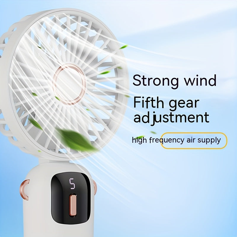 Rechargeable USB Handheld Fan with Quiet Operation and Foldable Neck Design, Ideal for Desk, Office, Bedroom, Outdoor Travel, Camping, and School. Features High-Velocity Cooling, 1200mAh Lithium Battery, Wearable Design, and Easy Button Control. Perfect