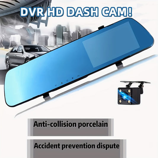 On-dash dual dash cam with 1080p HD front and back cameras, 5-inch display, suction mount, push button control, universal compatibility, 12V power, 30 FPS, cycle recording, and rechargeable