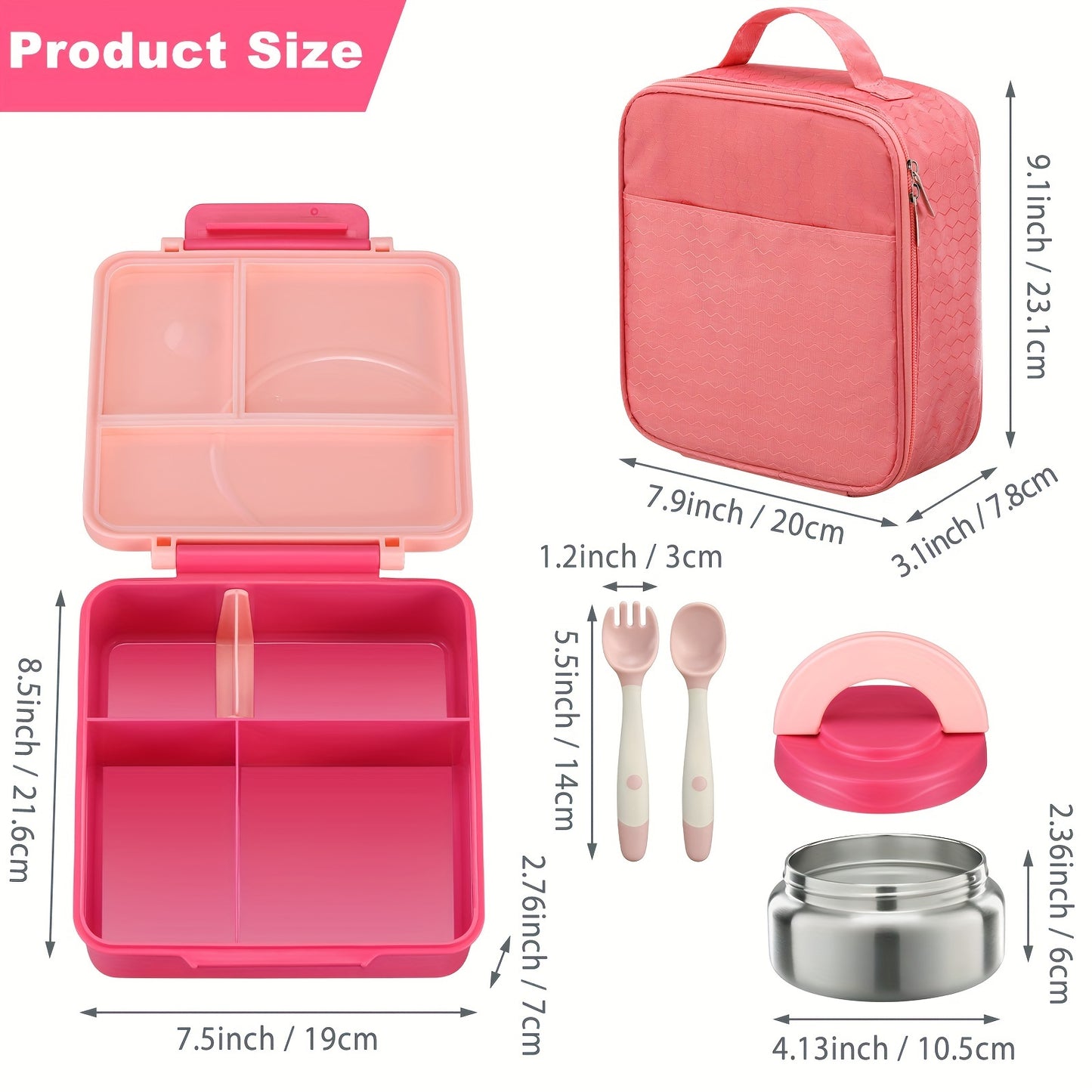 Bento lunch box set with 8oz soup thermo, leak-proof containers with 4 compartments, kids hot food jar, and insulated lunch bag.