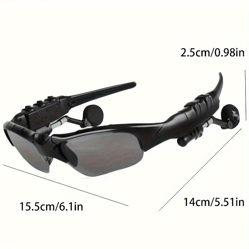 Smart driving glasses with wireless headphones for cycling and outdoor activities, providing stereo sound, noise-canceling earbuds, and features for music, calls, and navigation.