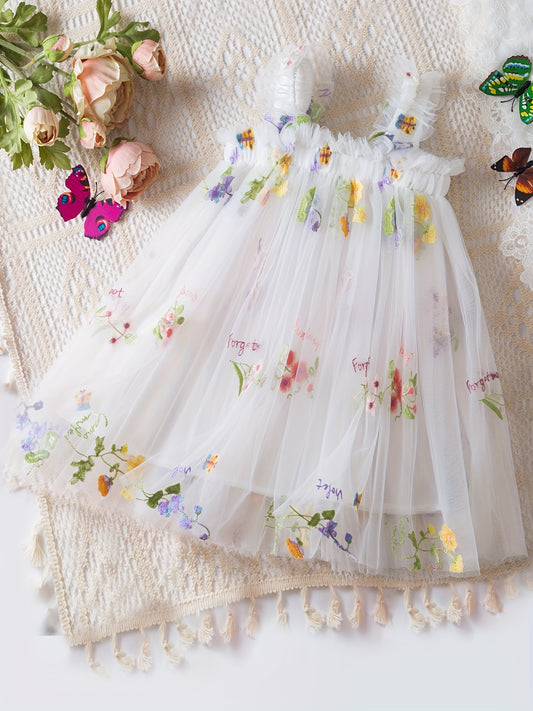 Baby's sleeveless mesh dress with elegant flower embroidery, perfect for summer birthday parties or as a gift.