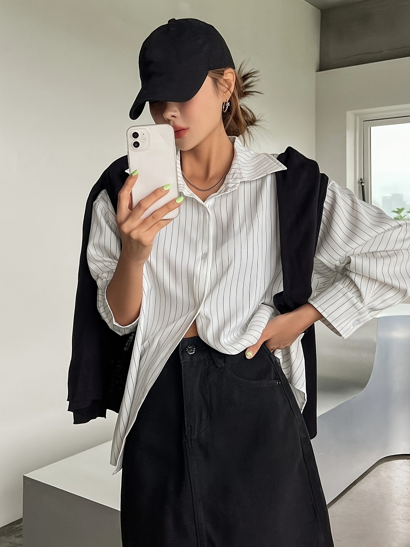 Women's Striped Drop-Shoulder Shirt - White & Black, Long Sleeve, Polyester, Machine Washable, Casual Wear for Spring/Summer/Fall