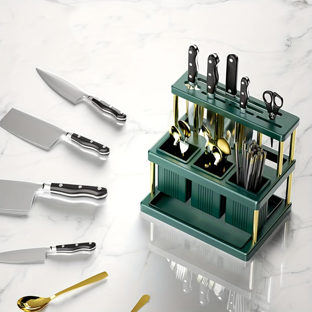 Storage rack for kitchen knives, chopsticks tube, and integrated storage box for restaurant kitchen knives.