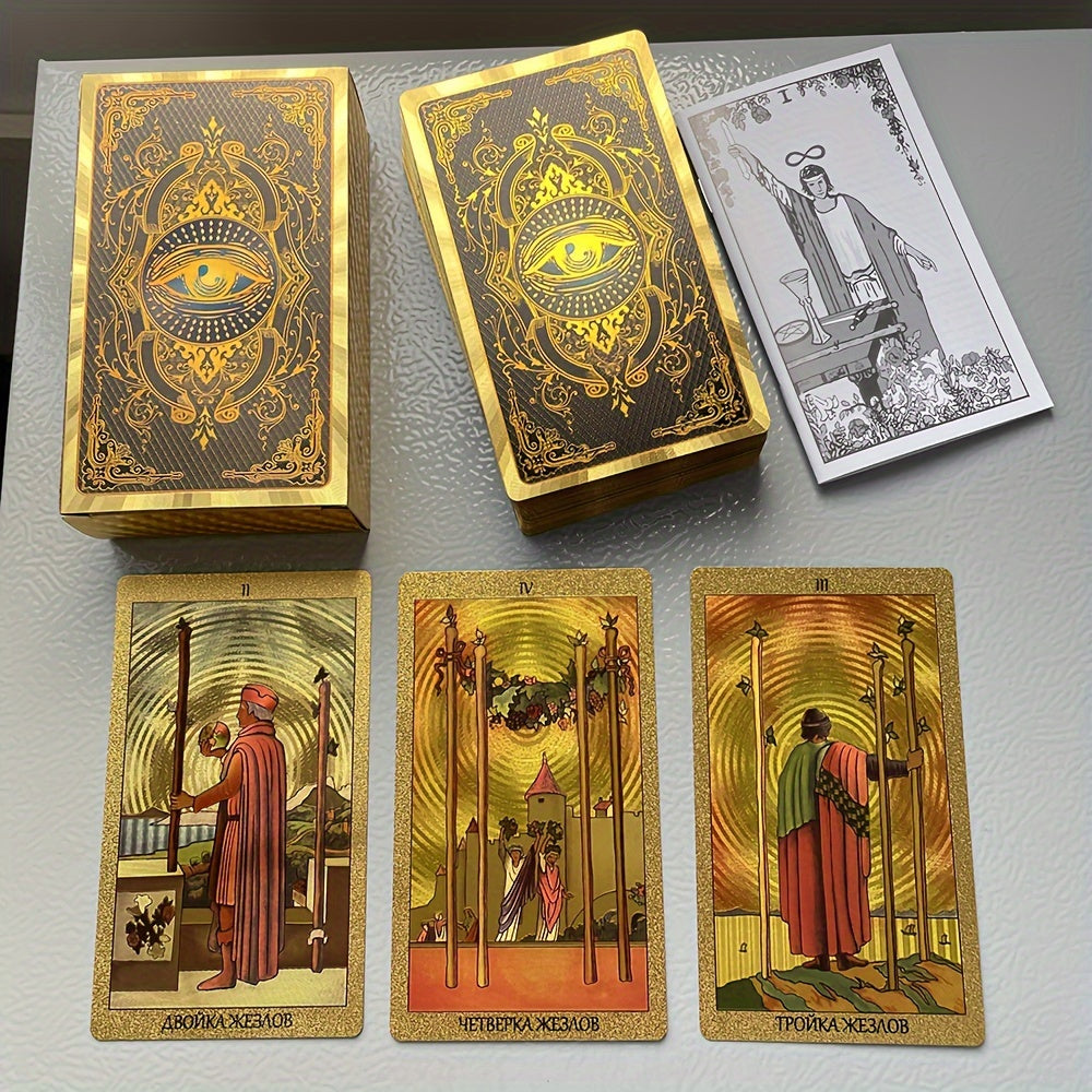 Russian Golden Tarot Deck, 12x7cm, with Russian paper, guide book, Prophet Oracle cards, 78 cards for divination and fortune telling.