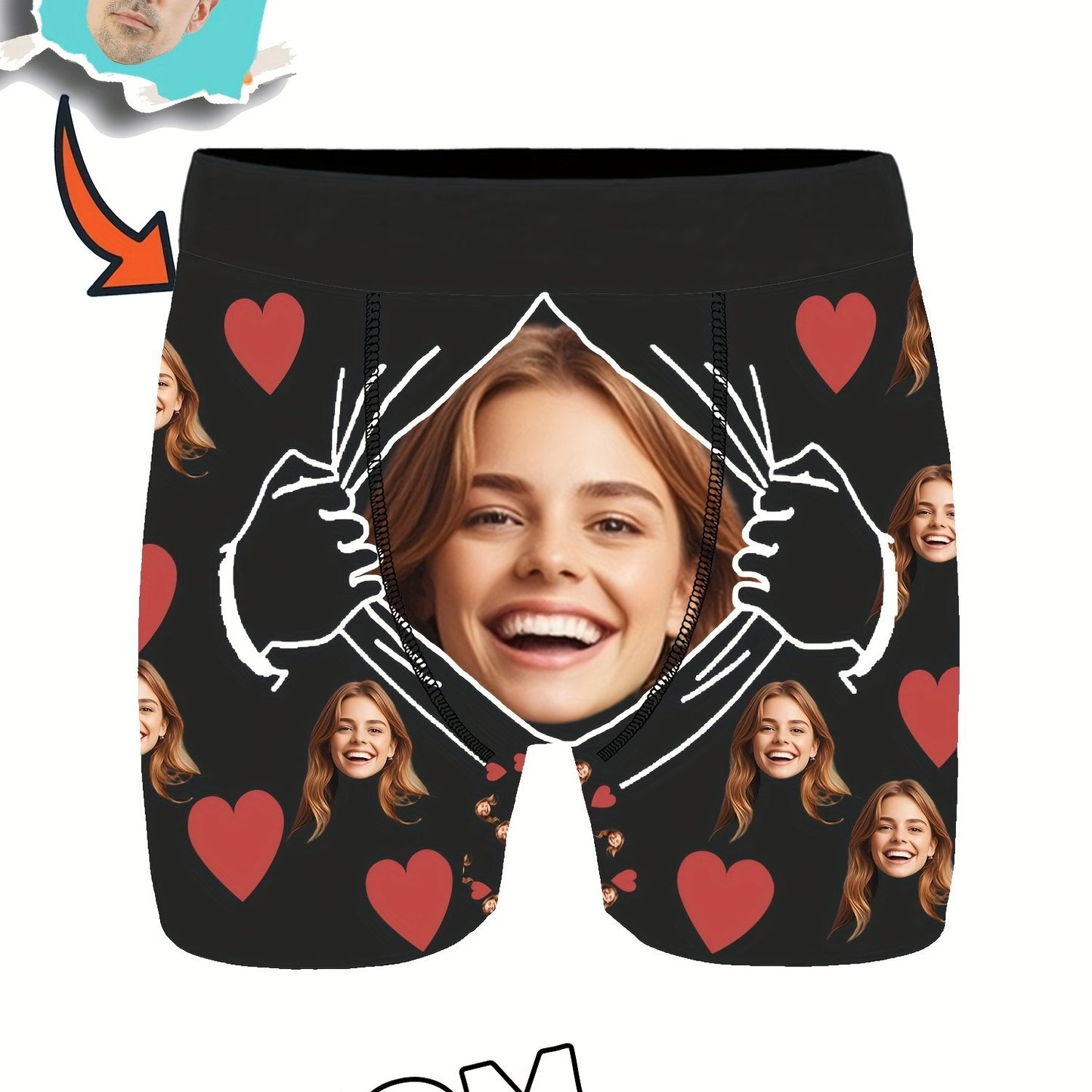 Custom shortie polyester boxers with medium stretch, portrait pattern design, and personalized photo, suitable for Dad, Husband, or Boyfriend. Funny and unique gift option.