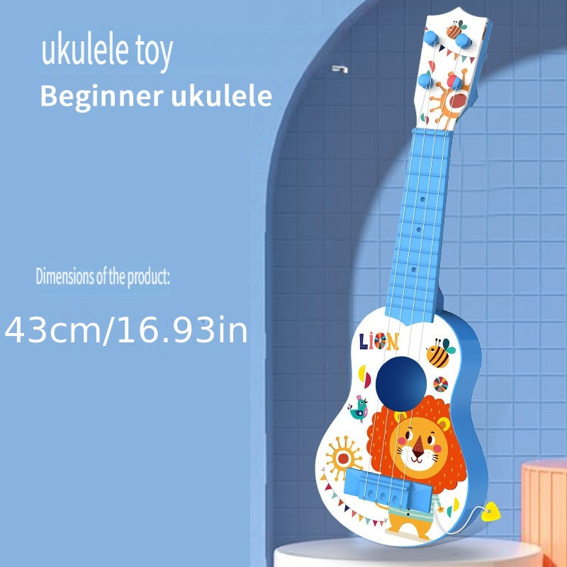 Ukulele toy in red/blue plastic, playable music instrument.