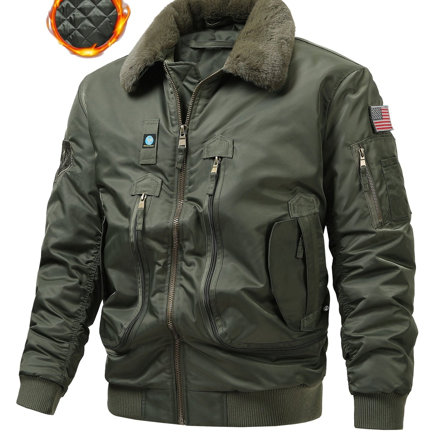 Men's plus size flight jacket with faux fur collar, solid color military style, non-stretch fabric, zipper placket and pockets, regular fit polyester lined outerwear.