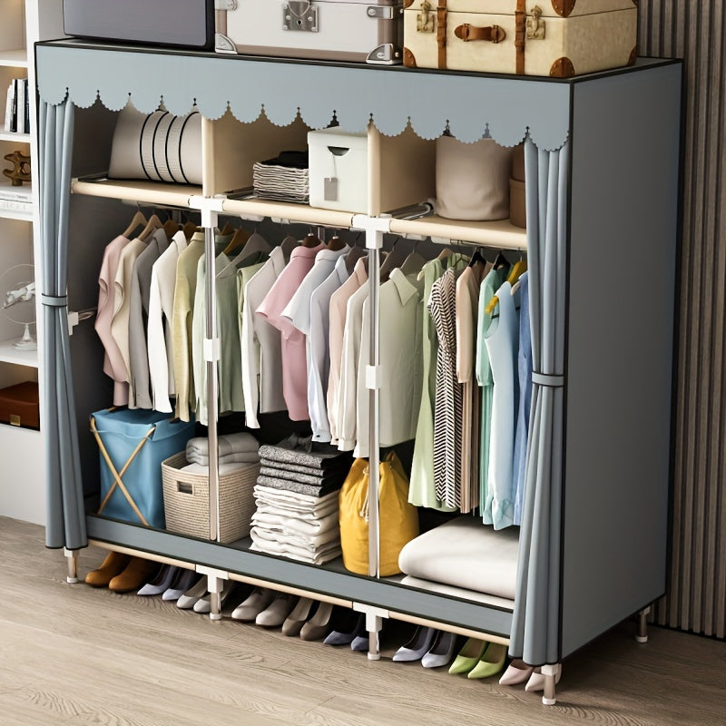 The Simple Clothes Storage Wardrobe features a drawer and dust-proof curtain, making it a convenient and efficient storage solution for your bedroom or entryway. This steel tube wardrobe is easy to assemble and offers a large capacity for organizing your