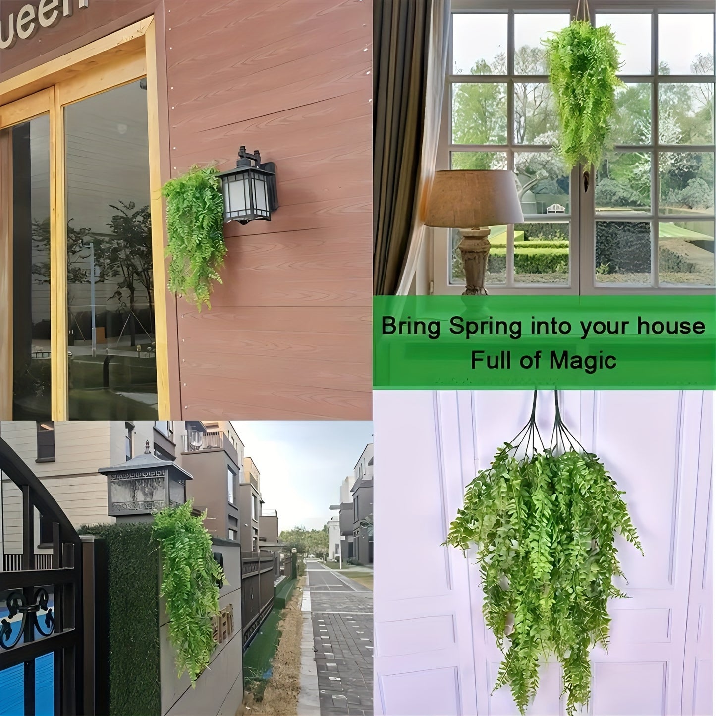 2pcs Premium artificial fern and rattan hanging plants with UV resistant plastic for outdoor and indoor decoration such as weddings, rooms, and gardens.