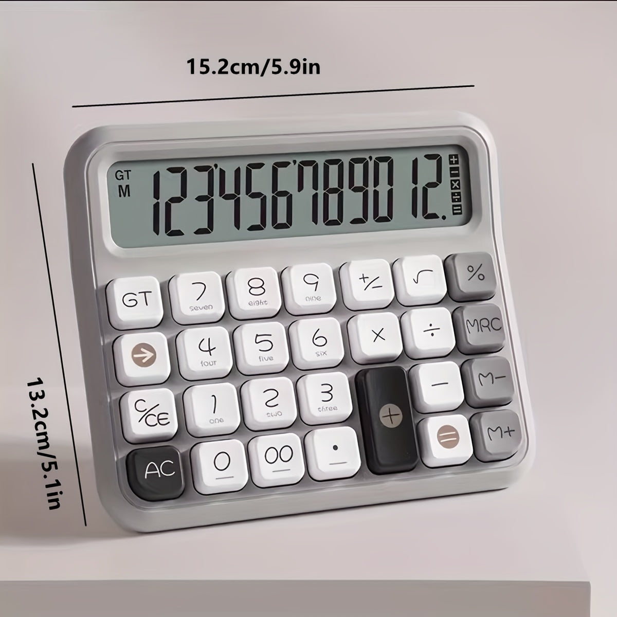 Retro Dopamine 12-Digit Calculator with LCD Display in Stylish Gray & White, Flexible Keyboard for Financial & Accounting Use, Large Screen Mechanical Keypad for Office, Battery Operated