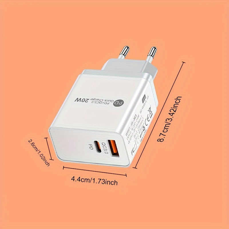 GUSEYEE 20W EU Dual-Port USB Wall Charger for Fast Charging iPhones, Samsung, Tablets & More with PD & QC3.0 Technology.