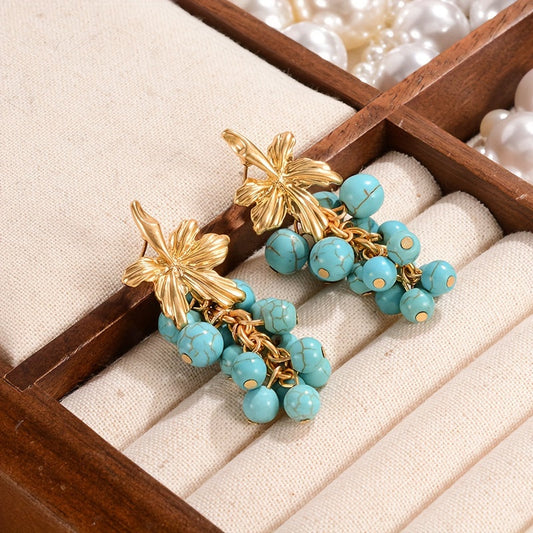 Vintage boho style turquoise cluster drop dangle earrings for women plated in 18K gold, featuring fashion alloy grape bunch tassel design with silver ear needle. Perfect for daily wear and special party occasions, exuding elegance.