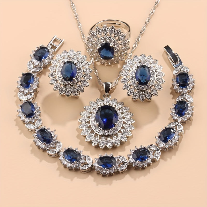 Beautiful Sunflower Jewelry Set for Women - Includes Cubic Zirconia Earrings, Ring, Necklace, and Bracelet - Silver Plated, Ideal for Weddings and Vacations