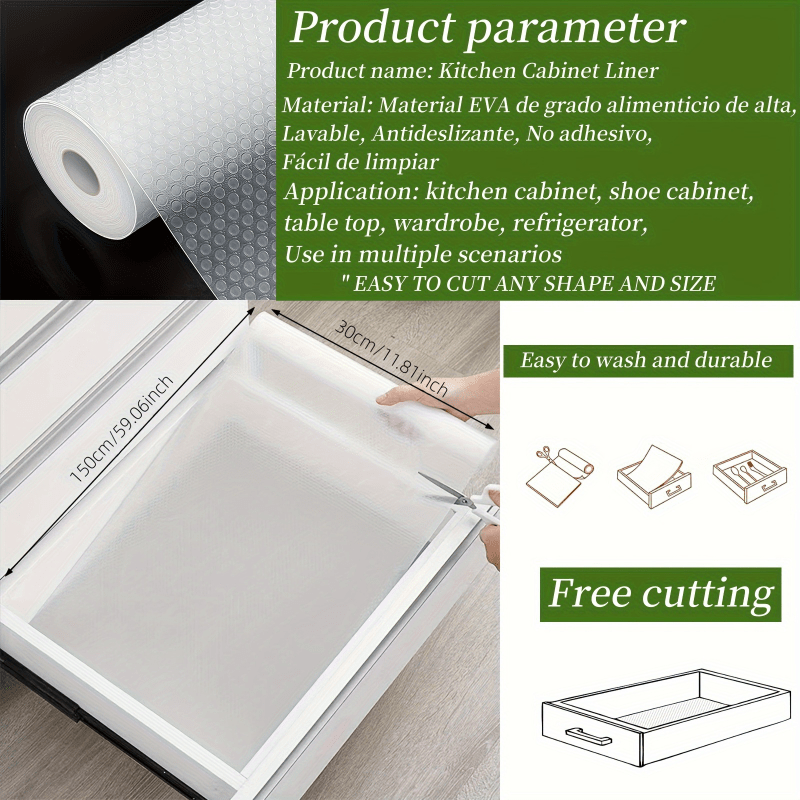 Kitchen Cabinet Liner: One-roll of multi-purpose paper liner for shelves, drawers, and cabinets. Moisture-proof, waterproof, dust-proof, and non-slip. Ideal for lining fridge shelves and kitchen cabinets.