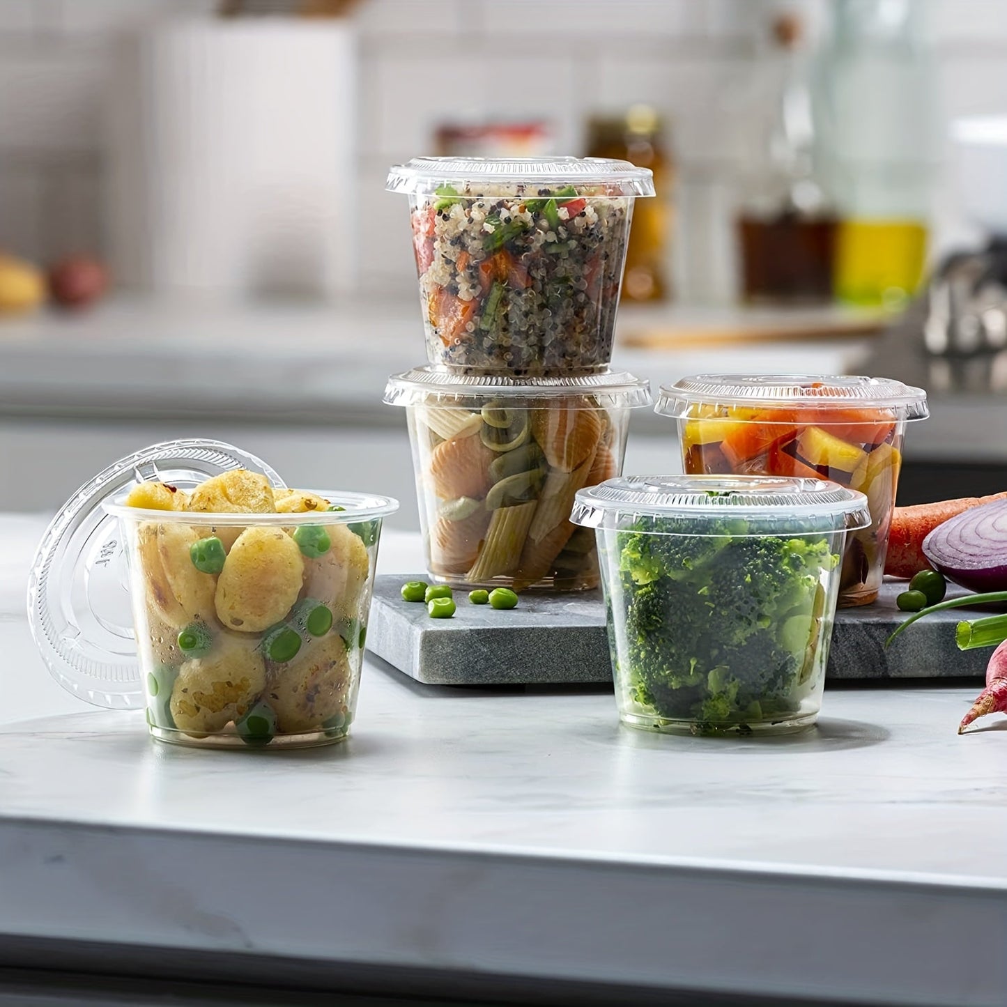 50 or 100 pieces of Disposable Portion Cups with Lids in sizes of 2oz, 3.25oz, and 5.5oz. Ideal for meal prepping, portion control, salad dressing, and small condiments. A must-have for your kitchen gadgets and accessories collection.