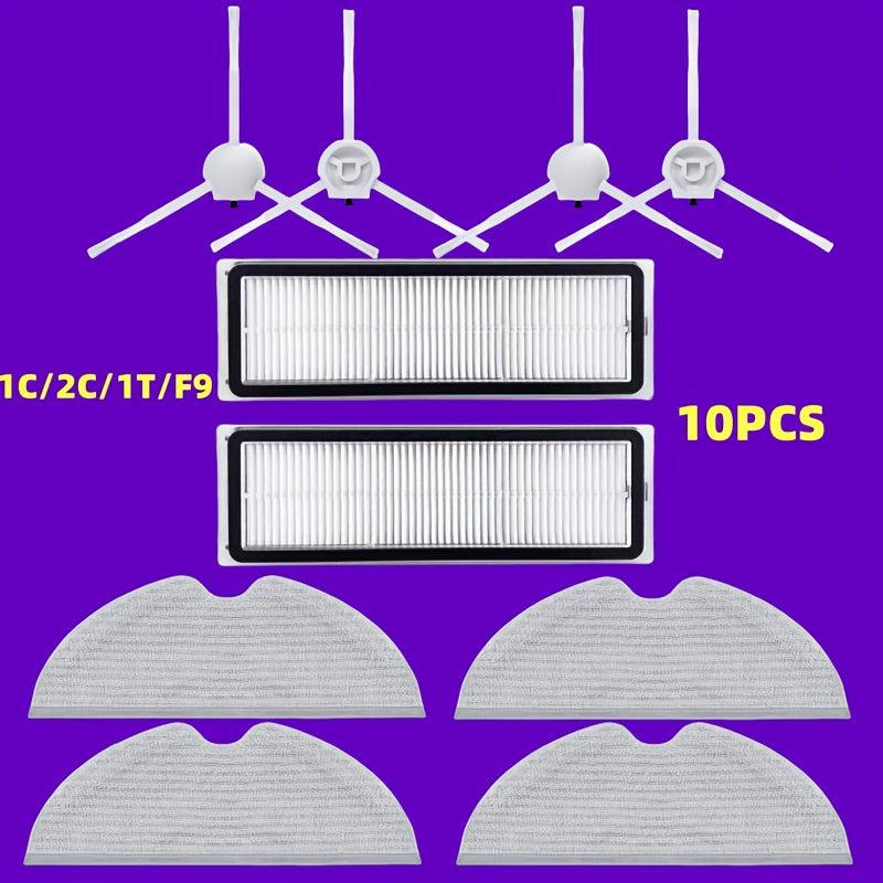 Accessory kit for Xiaomi Mijia 1C/2C/1T/F9 Robotic Vacuum, includes 4 side brushes, 2 filters, and 4 cloths. Kit contains a total of 10 pieces.