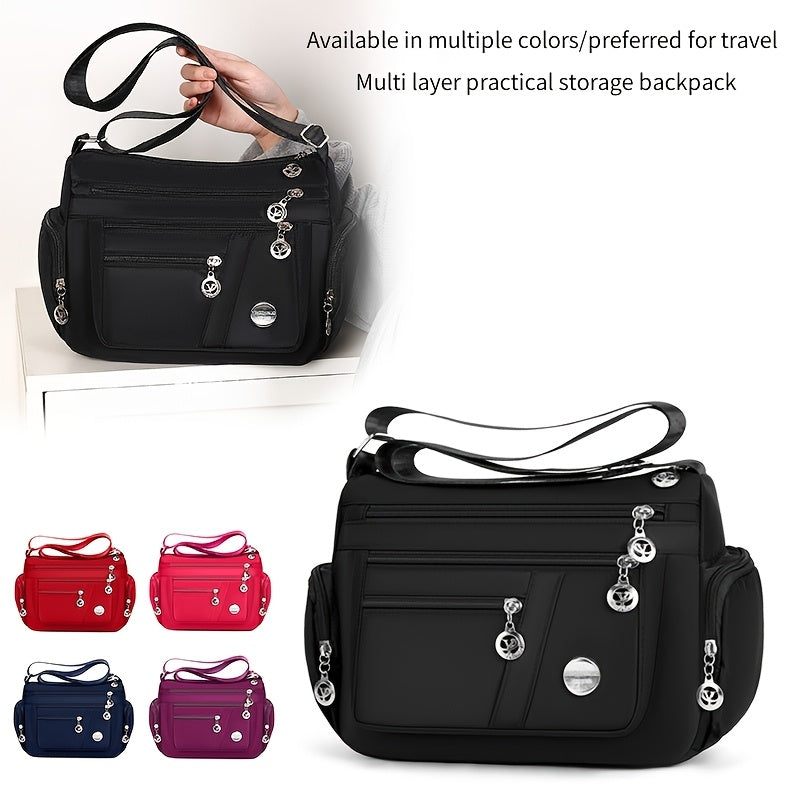 Women's versatile crossbody bag with adjustable strap, multiple compartments, zipper closure, and polyester lining for shopping, office, and travel, available in multiple colors.