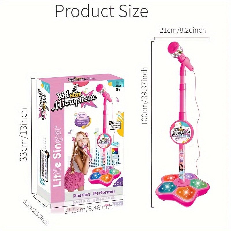 Kids' Karaoke Microphone with Stand - Adjustable height, light effects, MP3/phone connectivity. Perfect birthday gift for boys & girls, engaging, educational toy. Brain-training music