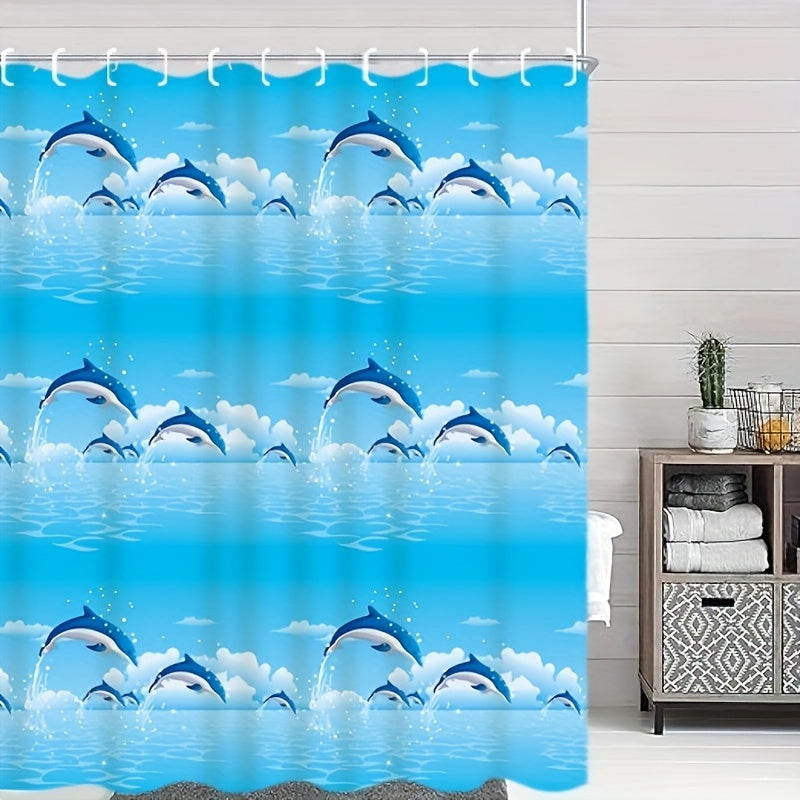 Playful dolphin shower curtain made of waterproof PVEA fabric in blue with white clouds design. Comes with hooks, measures 180.14cmW x 180.14cm L. Ideal for all seasons bathroom decor. Great for bathrooms.