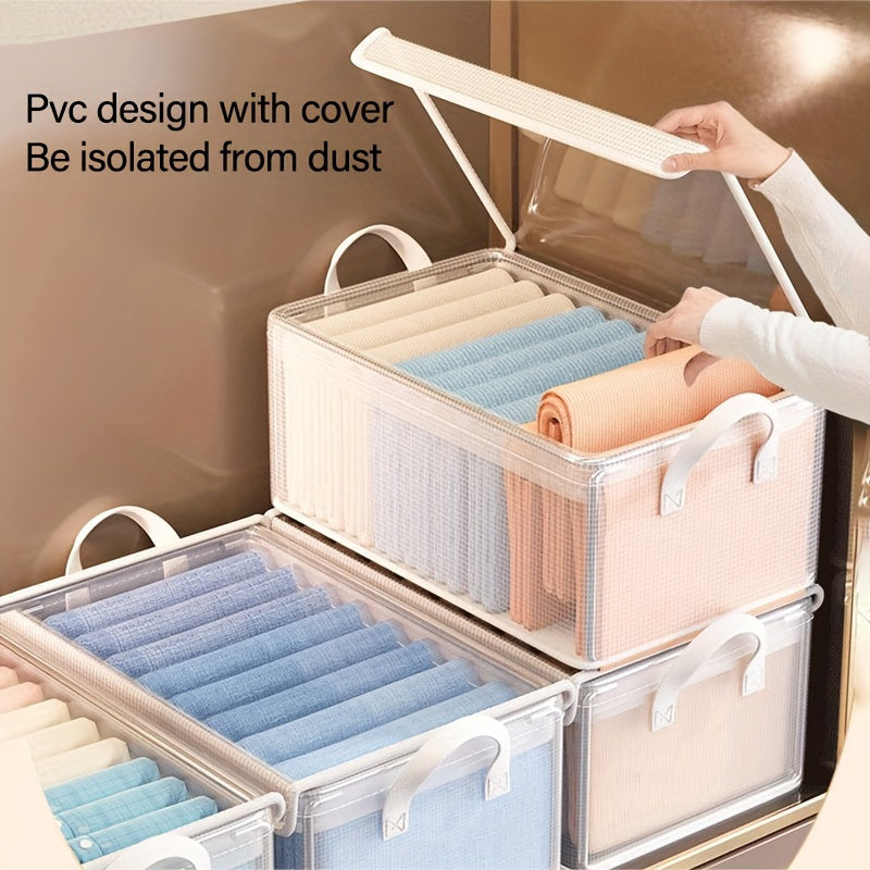 Large Foldable PVC Storage Box with Lid - Dustproof, Multi-Purpose Organizer for Clothes & Trousers, Perfect for Home and Dorm.