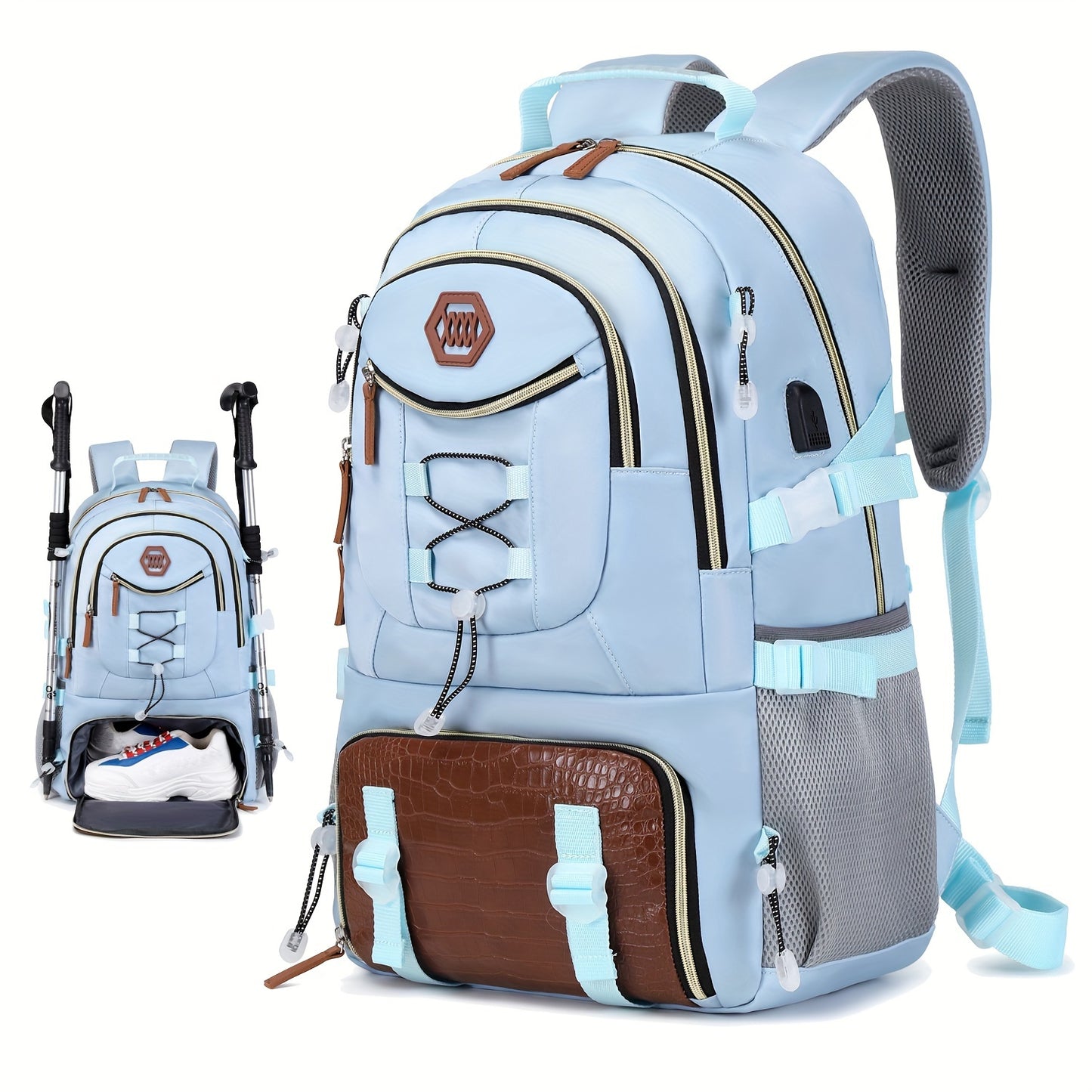 Large capacity outdoor travel backpack with 17-inch laptop compartment, suitable for men and women for sports camping.