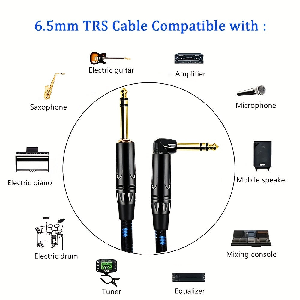 Two 1/4 Inch TRS Instrument Cables with 90 Degree Right-Angled to Straight connectors, suitable for various musical instruments and equipment.