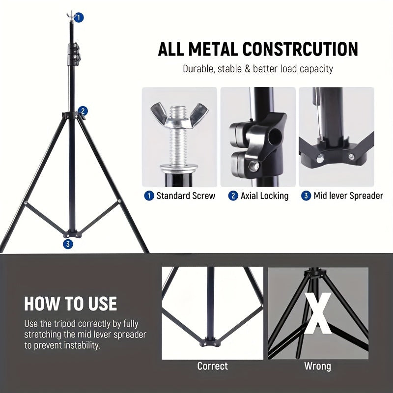 Adjustable, durable, and portable photography backdrop stand with 1pc 7x7ft or 7x10ft size, includes 2pcs spring clamps, 2pcs plastic clamps, and carrying bag. Stable design for portrait