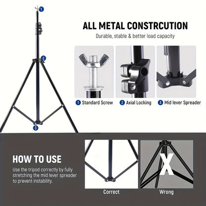 Adjustable, durable, and portable photography backdrop stand with 1pc 7x7ft or 7x10ft size, includes 2pcs spring clamps, 2pcs plastic clamps, and carrying bag. Stable design for portrait