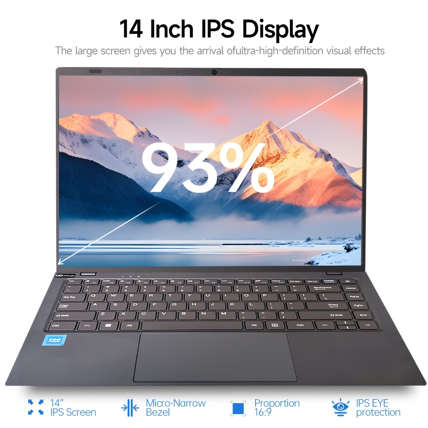 14-Inch Intel Celeron N4000 business laptop with 8GB RAM, 256GB SSD, FHD display, Wifi, USB, camera, Qwertz keyboard, and rechargeable battery. Ideal for office, entertainment, and online