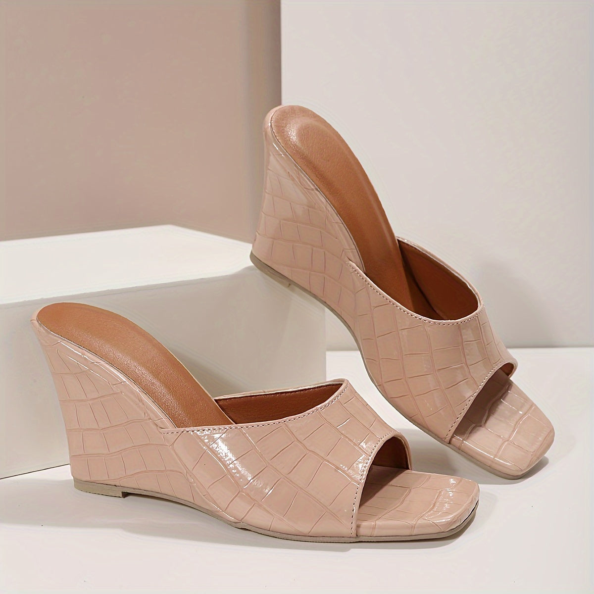 Women's slip-on wedge sandals with square toe and solid color high heels, perfect for a fashionable night out.