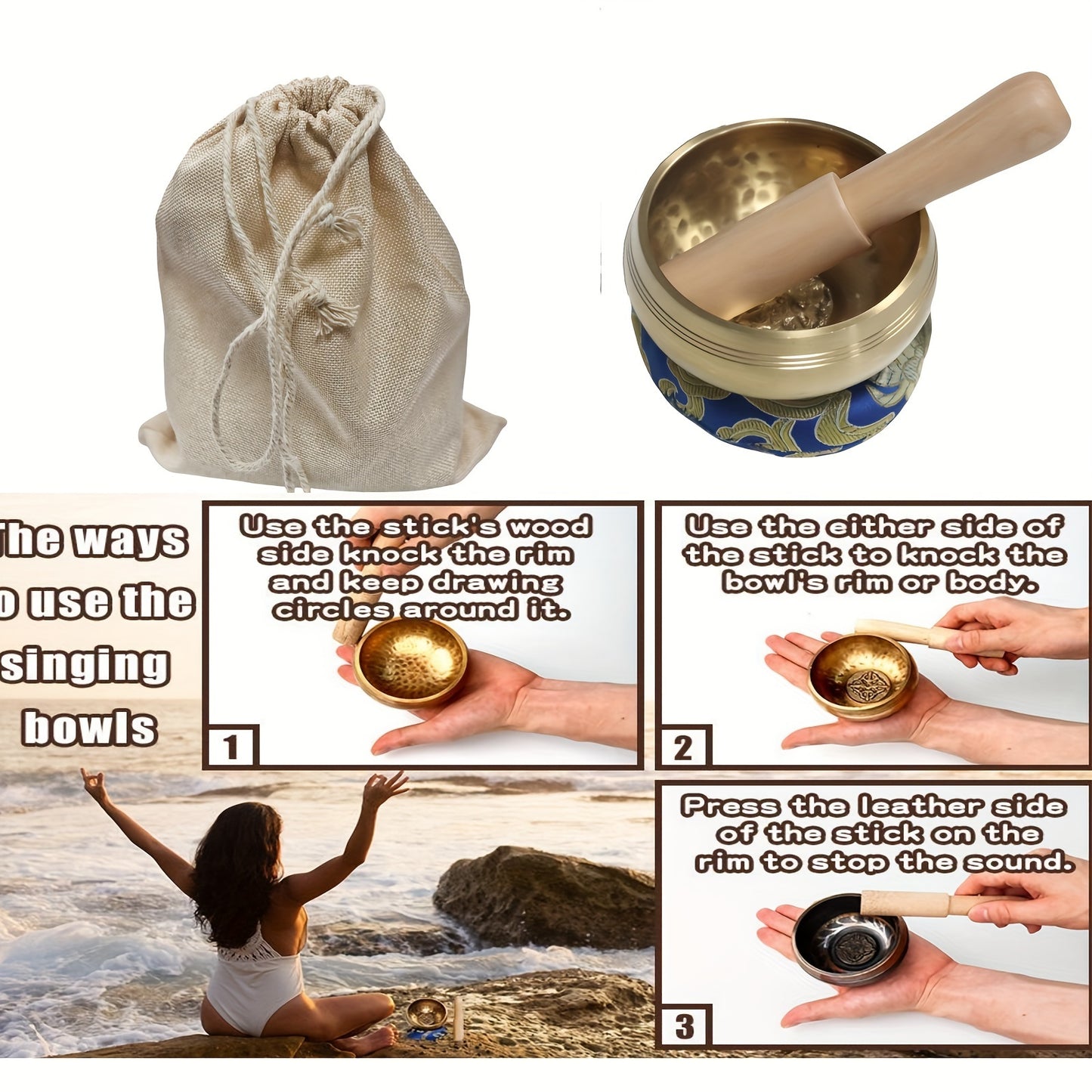 Handcrafted singing bowl set for meditation, yoga, chakra healing, and stress relief. Unique spiritual gifts for Eid Al-Adha.