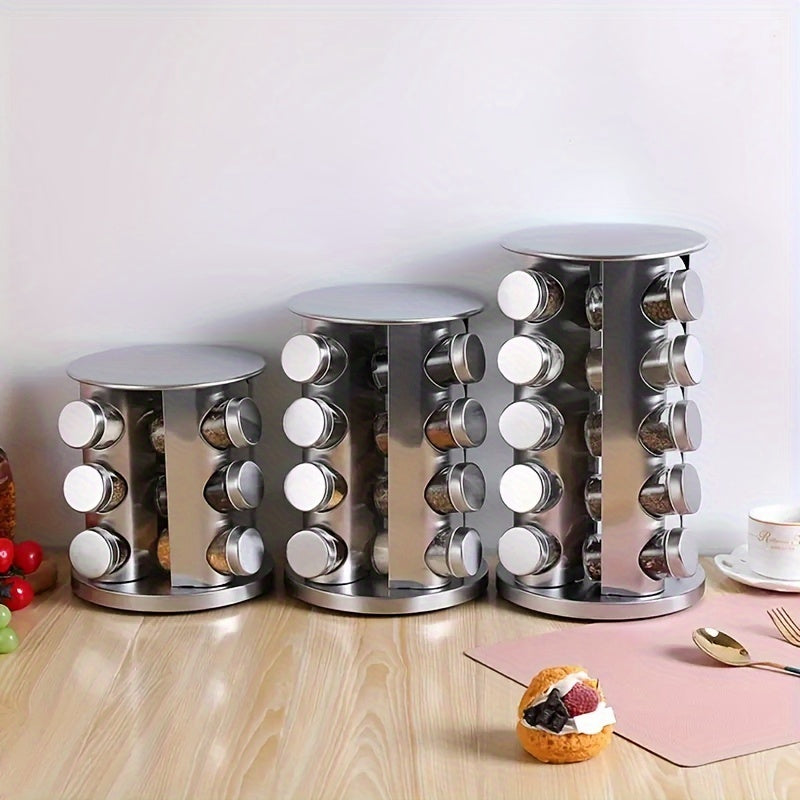 Spice up your kitchen organization with our 360° Rotating Stainless Steel Spice Rack! This convenient rack can hold 12, 16, or 20 jars and comes with reusable labels and a funnel for easy filling. Perfect for keeping your spices neatly organized and