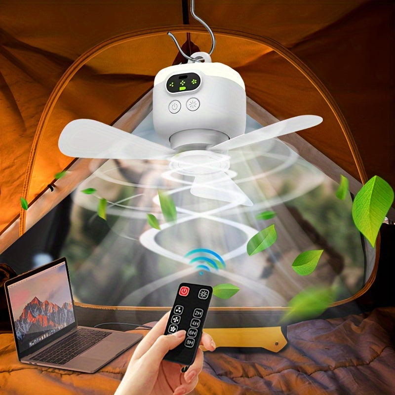 Portable USB rechargeable camping fan with hanging design for camp tents, perfect for outdoor camping. Features emergency lighting and includes a remote control.