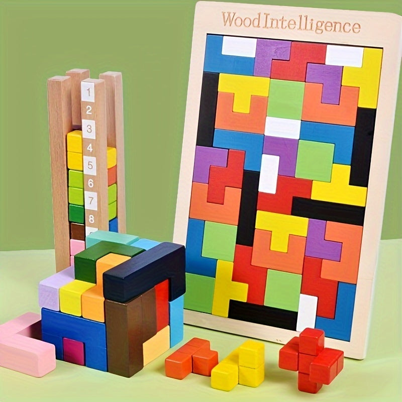 Colorful wooden 3D puzzle blocks for youngsters to enhance creativity and intelligence. STEM learning activity for cognitive development with multi-colored shapes on light brown wooden