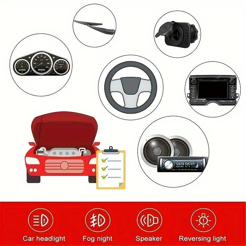 Car blade fuse assortment kit with multiple specifications ranging from 2A to 40A, suitable for various vehicles. Includes a box for storage.