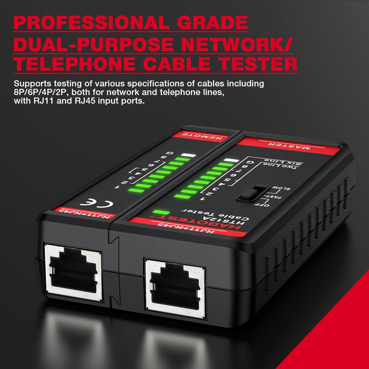 Battery powered HABOTEST Network Cable Tester for RJ45/RJ11/RJ12 CAT5/CAT5E/CAT6/CAT6A.进行连续性和布线测试。Dual-purpose for Ethernet and telephone lines, without battery.