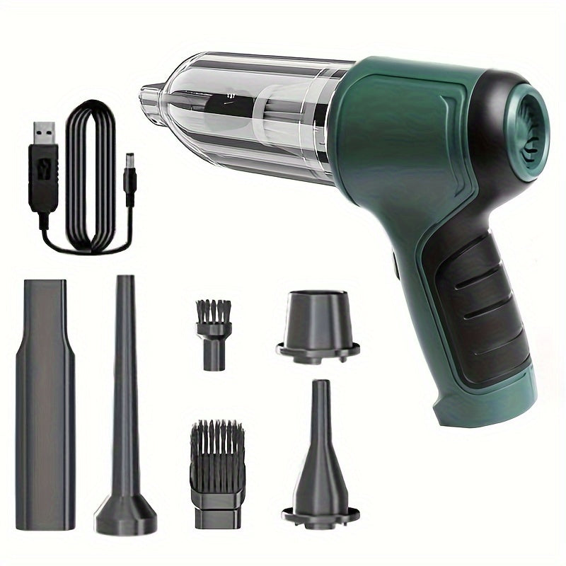 Multifunctional handheld vacuum cleaner can suck and blow dust, debris, pet hair, and is equipped with various accessories for different uses at home or in the car.