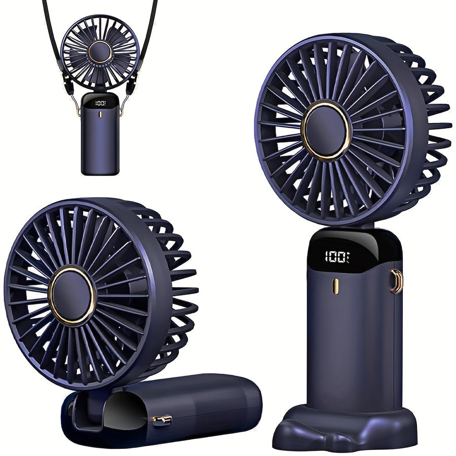 Portable Handheld Fan with LED Display - Rechargeable, Quiet Operation, Adjustable Angle, USB Powered Mini Fan for Indoor & Outdoor Use, Ideal for Office, Bedroom, Travel & Camping, Includes Base and Battery Option, Suitable for Desktop Use