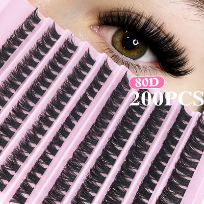 200pcs of natural look individual eyelashes in wispy cluster style, 8-16mm length, available in 30, 40, or 80D curl. Beginner-friendly and reusable for DIY fluffy extensions.