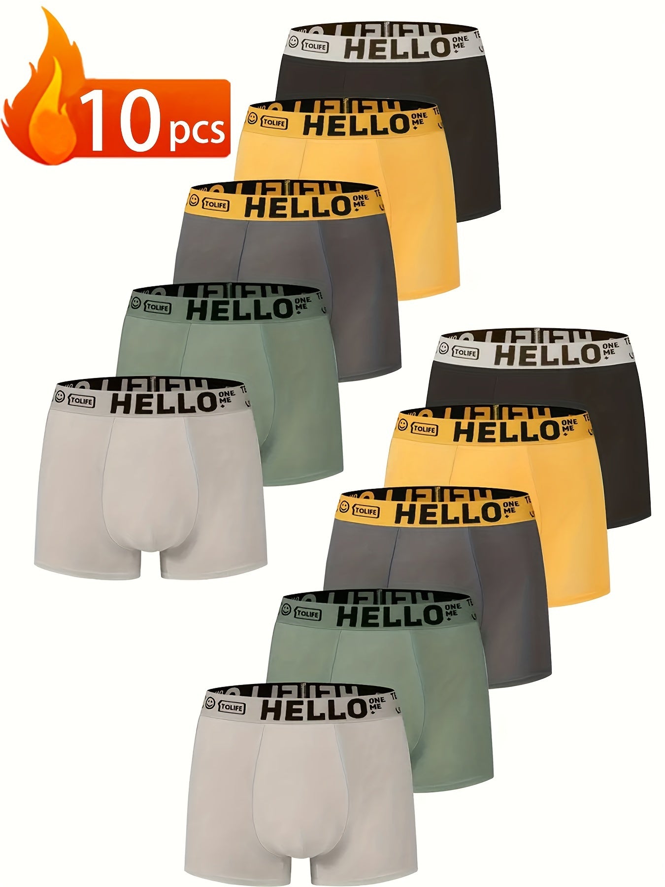 10 men's "HELLO" boxer briefs made of 95% polyester and 5% spandex, with high stretch knit fabric in solid color. Breathable and comfortable for casual wear.