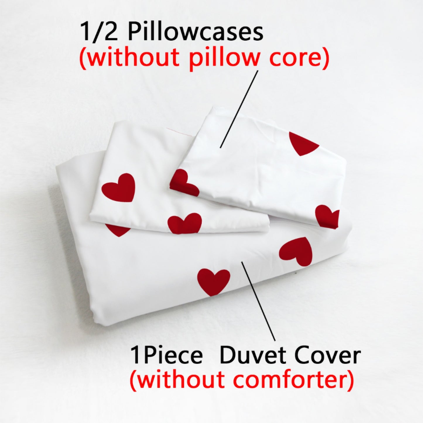 Valentine's Day-themed 3-piece bedding set featuring pure love design pattern made of soft fleece fabric with 3D digital printing. Includes 1 quilt cover and 1-2 pillowcases. Suitable for