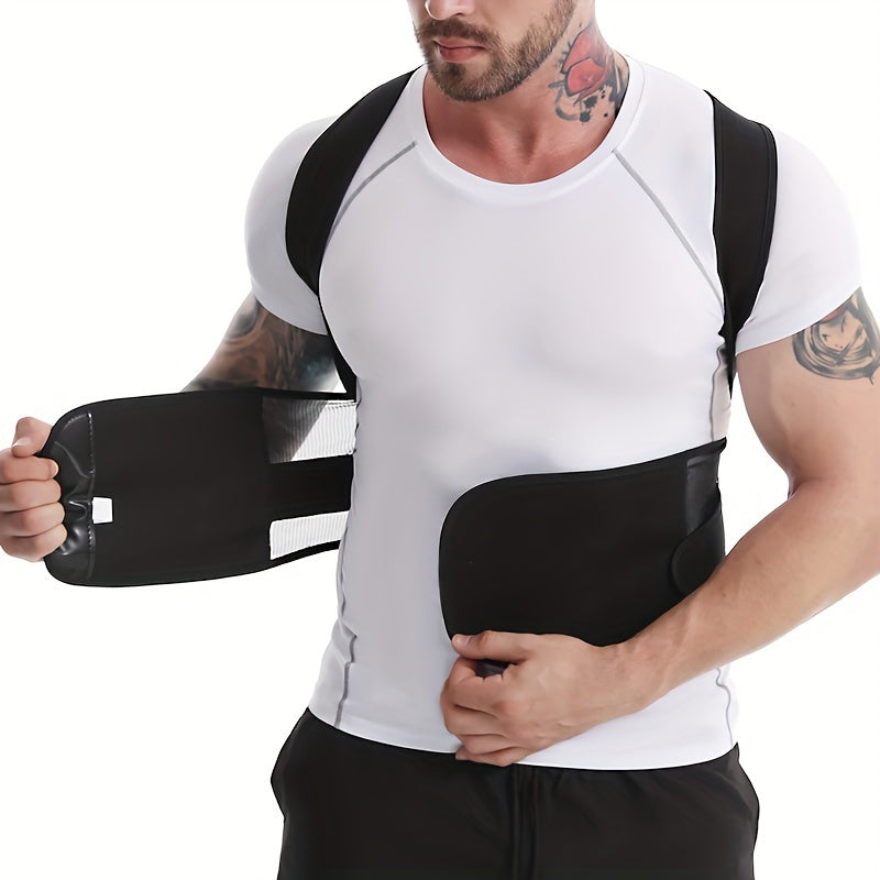 Adjustable men's vest with wide waist support and back brace made of neoprene, polyester, and nylon blend, in a sports style.