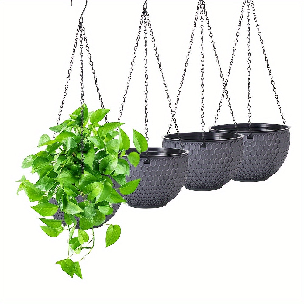 Durable 4-pack plastic hanging flower pots with drainage holes, chain hook, and honeycomb pattern. Suitable for indoor and outdoor use, no electricity needed.