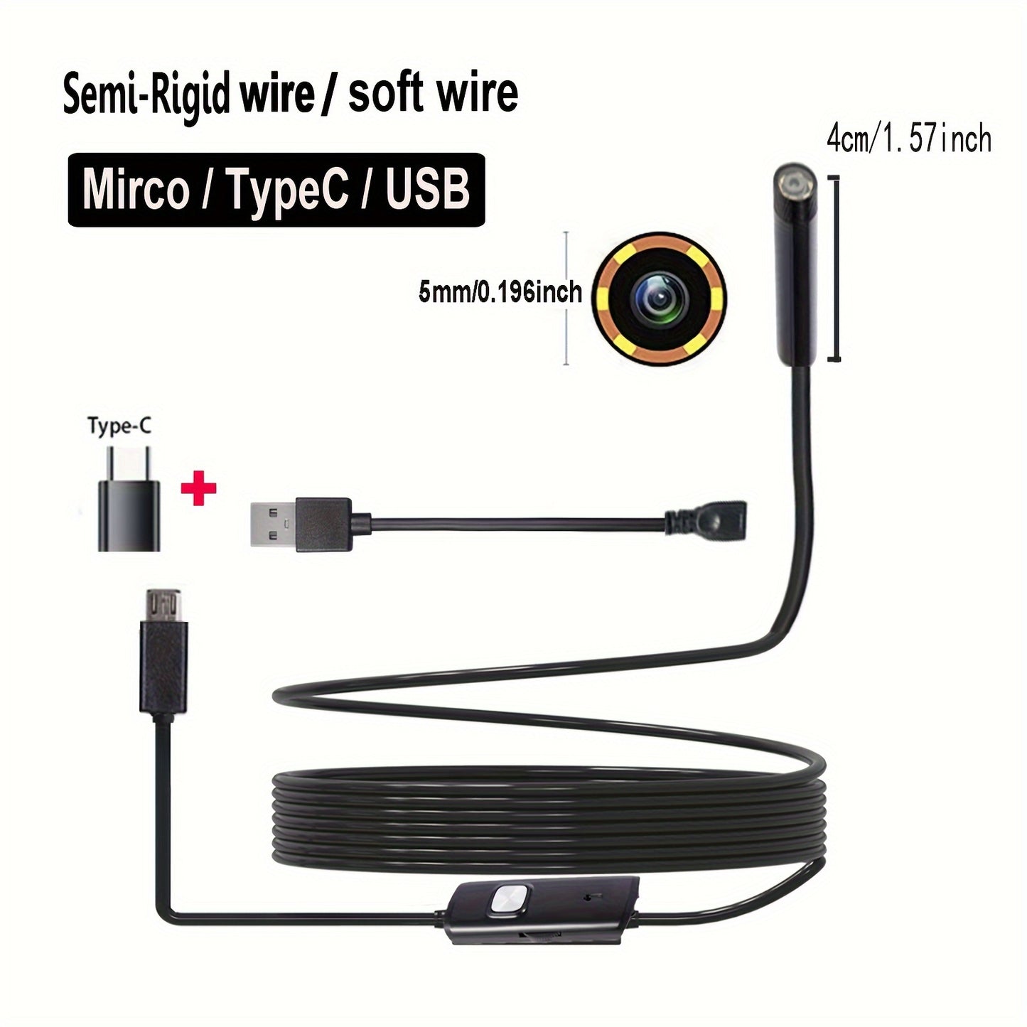 Industrial endoscope camera with 5mm/0.196in diameter for Android phones, ideal for pipeline detection, automotive repair, visual inspections, and air conditioning maintenance, with 1-10m