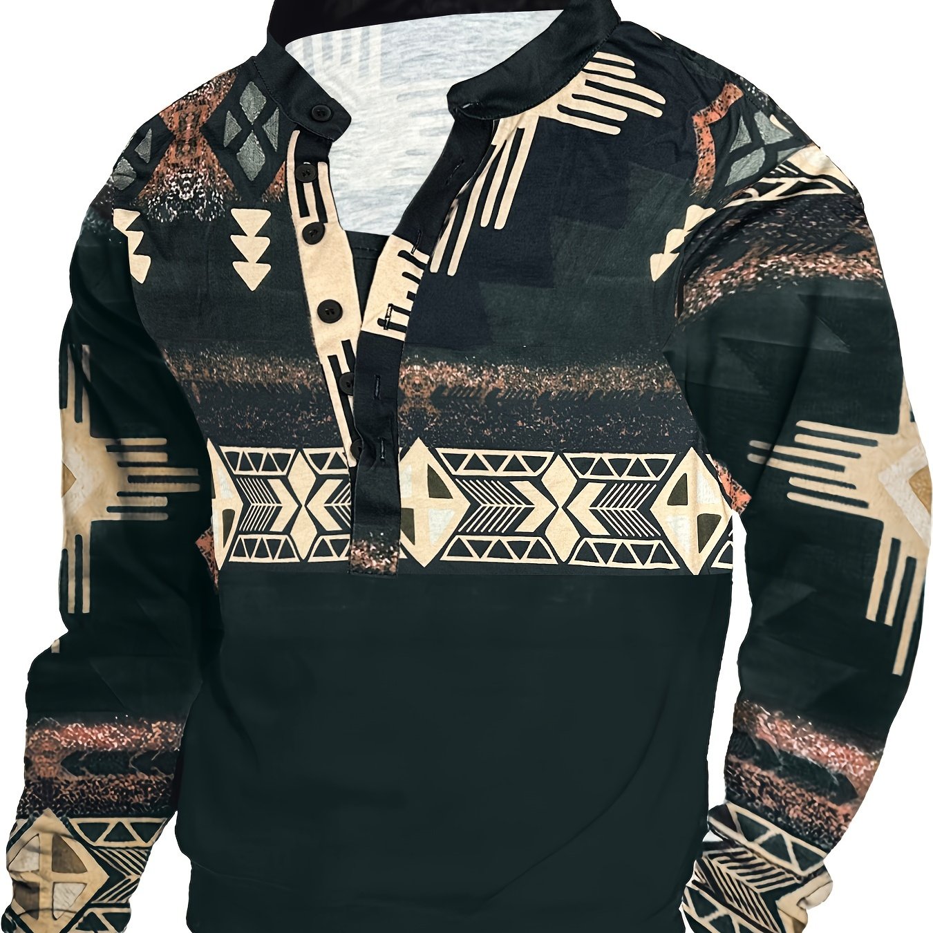 Tribal pattern hoodie made of 100% polyester knit fabric with lapel collar, button detail, and slight stretch. Lightweight at 5g/m², for daily sportswear in ethnic style, available in plus